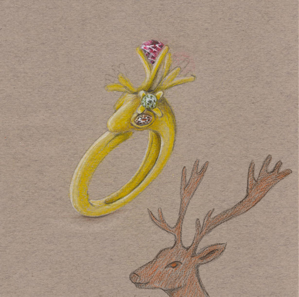 My deer engagement ring, sterling silver yellow Ruby and green Tourmaline