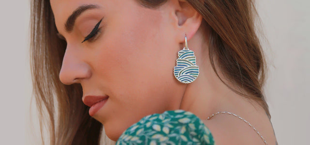 Colorful blue green joyful dangle earrings, sterling silver & cold enamel